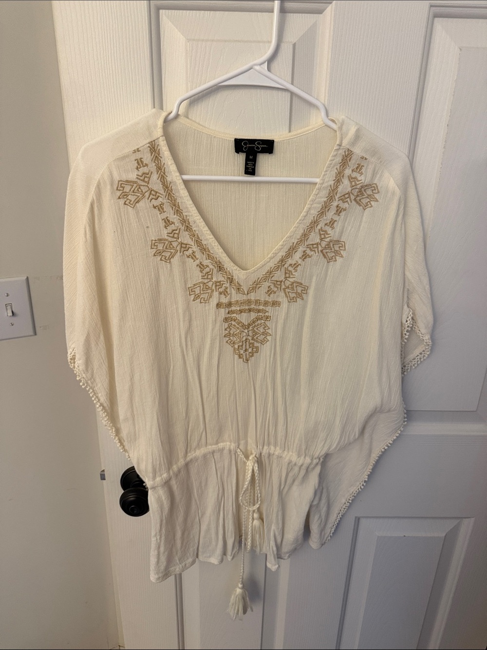 Jessica Simpson White Embroidered V-Neck Drawstring Top
